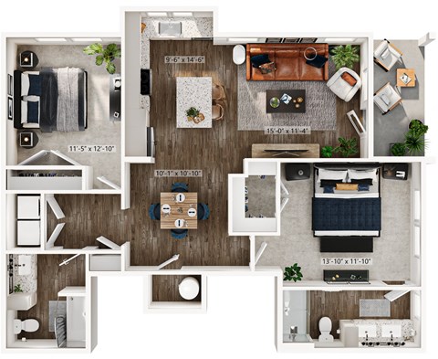Floor plan for 2 beds, 2 baths, 1121 sqft